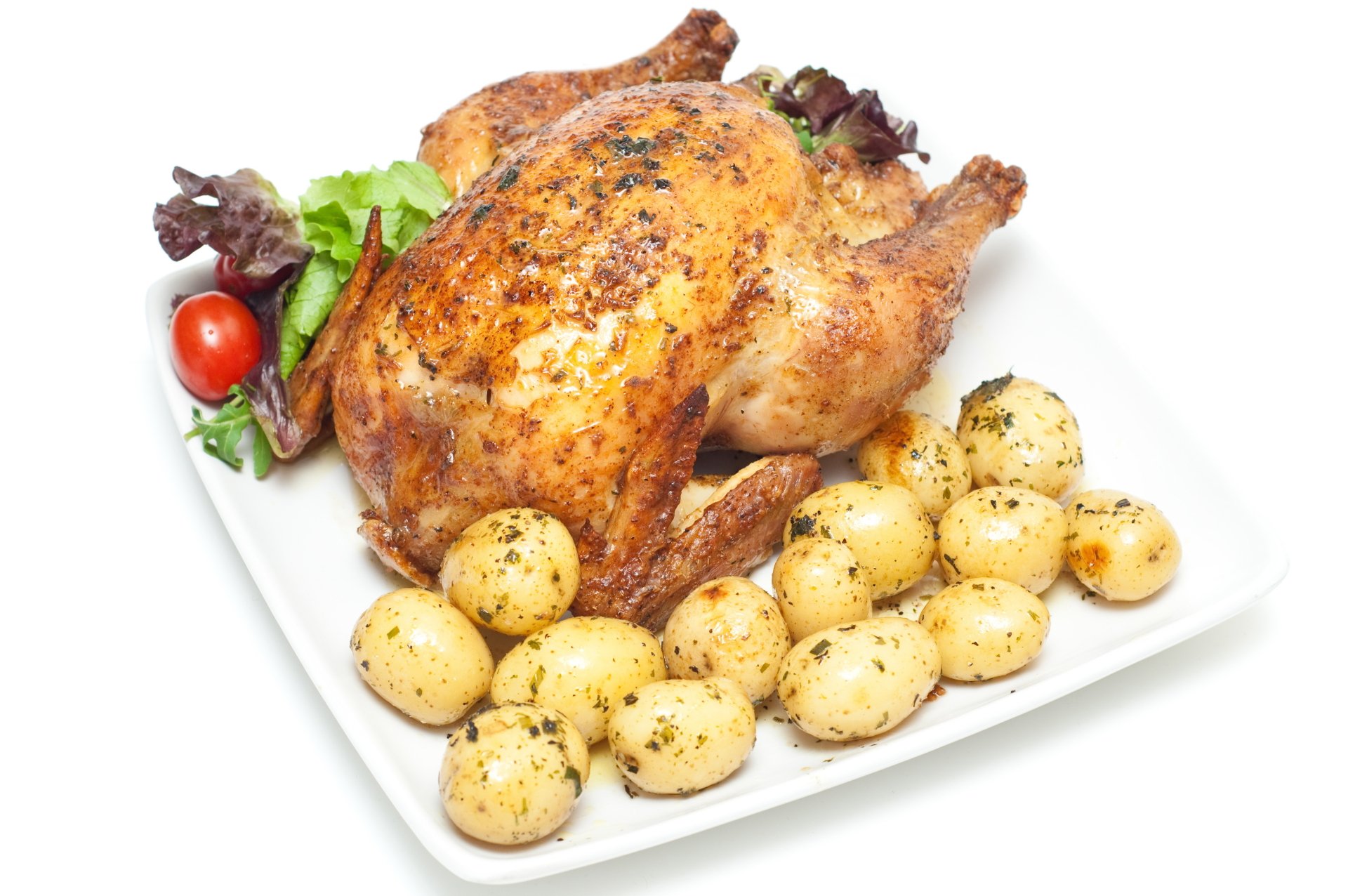 4K Ultra HD PC desktop wallpaper featuring a roasted chicken with seasoned baby potatoes and fresh greens on a white plate.
