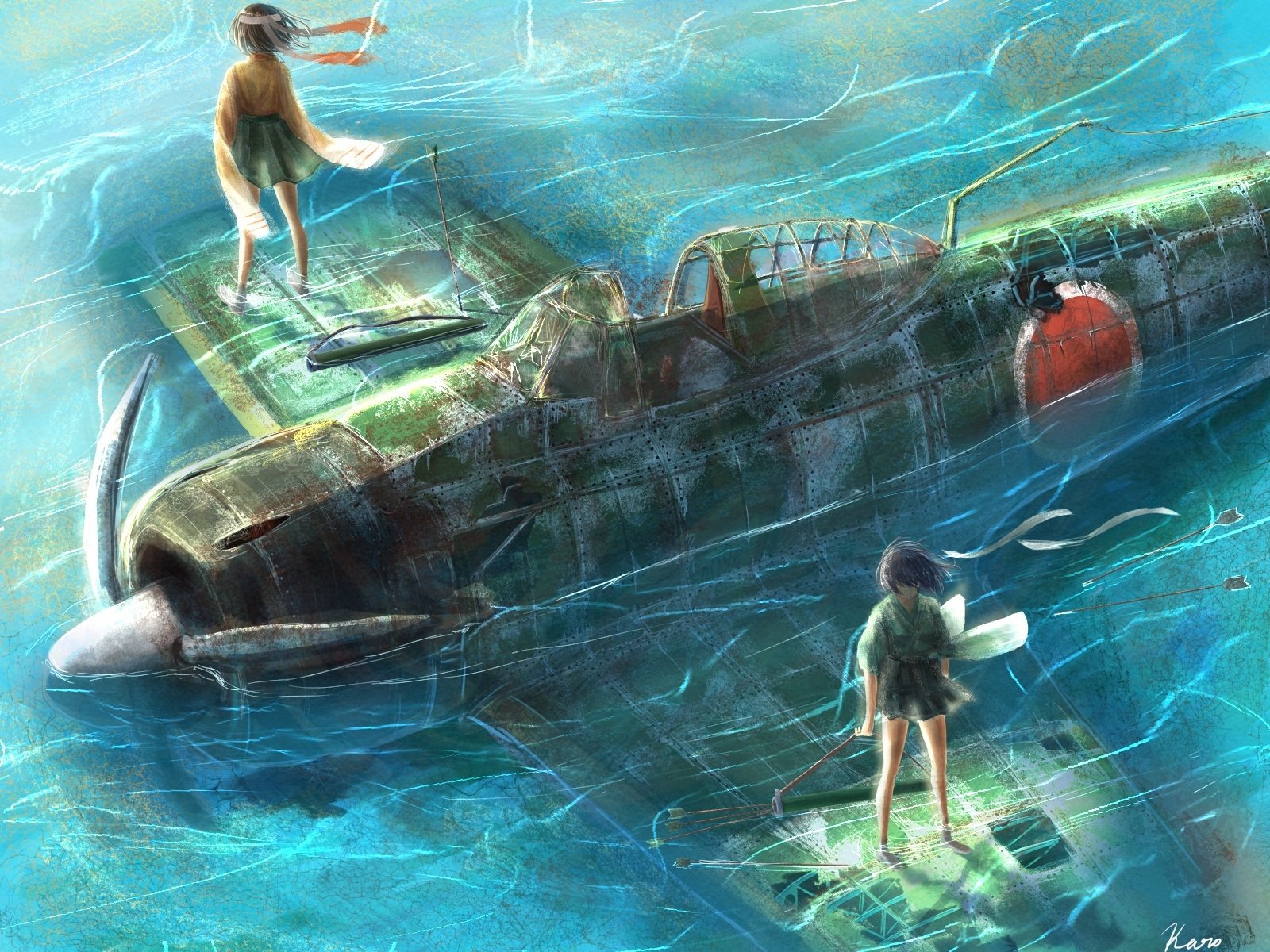 Two characters from Kantai Collection stand on a submerged aircraft, surrounded by shimmering blue waters. This stunning HD anime artwork serves as a captivating desktop wallpaper.