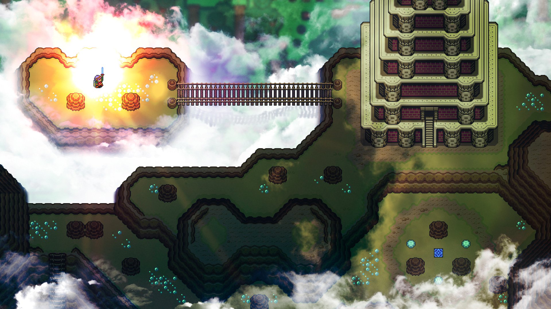Video game HD PC desktop wallpaper — The Legend of Zelda: A Link to the Past: aerial view of a floating island with a wooden bridge, stone tower, and glowing cloudscape.