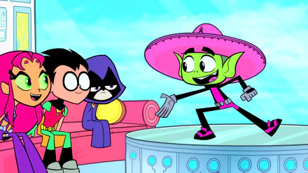 Colorful scene from Teen Titans Go! featuring Dick Grayson (Robin), Starfire, Raven, and Beast Boy, showcasing their playful dynamics in a vibrant animated setting.