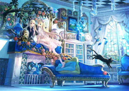A beautifully illustrated HD anime wallpaper featuring two characters amidst a vibrant, enchanting room with a cozy couch, adorned with butterflies and oranges, creating a whimsical atmosphere.