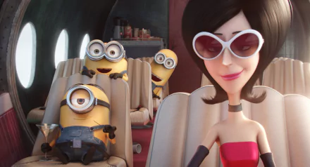 A HD desktop wallpaper featuring Minions characters Kevin, Stuart, and Bob, along with Scarlet Overkill, seated in an aircraft.