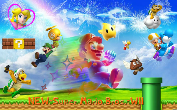 Colorful HD wallpaper featuring characters from New Super Mario Bros. Wii, including Mario, Luigi, Princess Peach, Toad, Yoshi, Goomba, and Bowser, amidst vibrant visuals and fireworks.