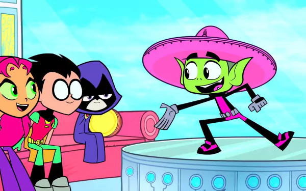 Colorful scene from Teen Titans Go! featuring Dick Grayson (Robin), Starfire, Raven, and Beast Boy, showcasing their playful dynamics in a vibrant animated setting.