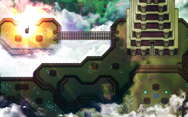 Video game HD PC desktop wallpaper — The Legend of Zelda: A Link to the Past: aerial view of a floating island with a wooden bridge, stone tower, and glowing cloudscape.