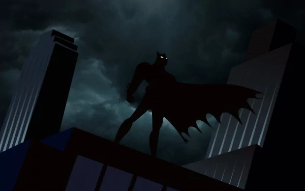 HD wallpaper featuring Batman standing on a rooftop, with Gotham City's silhouette under a stormy night sky, inspired by the TV show Batman: The Animated Series.