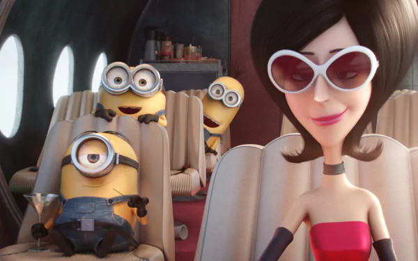 A HD desktop wallpaper featuring Minions characters Kevin, Stuart, and Bob, along with Scarlet Overkill, seated in an aircraft.