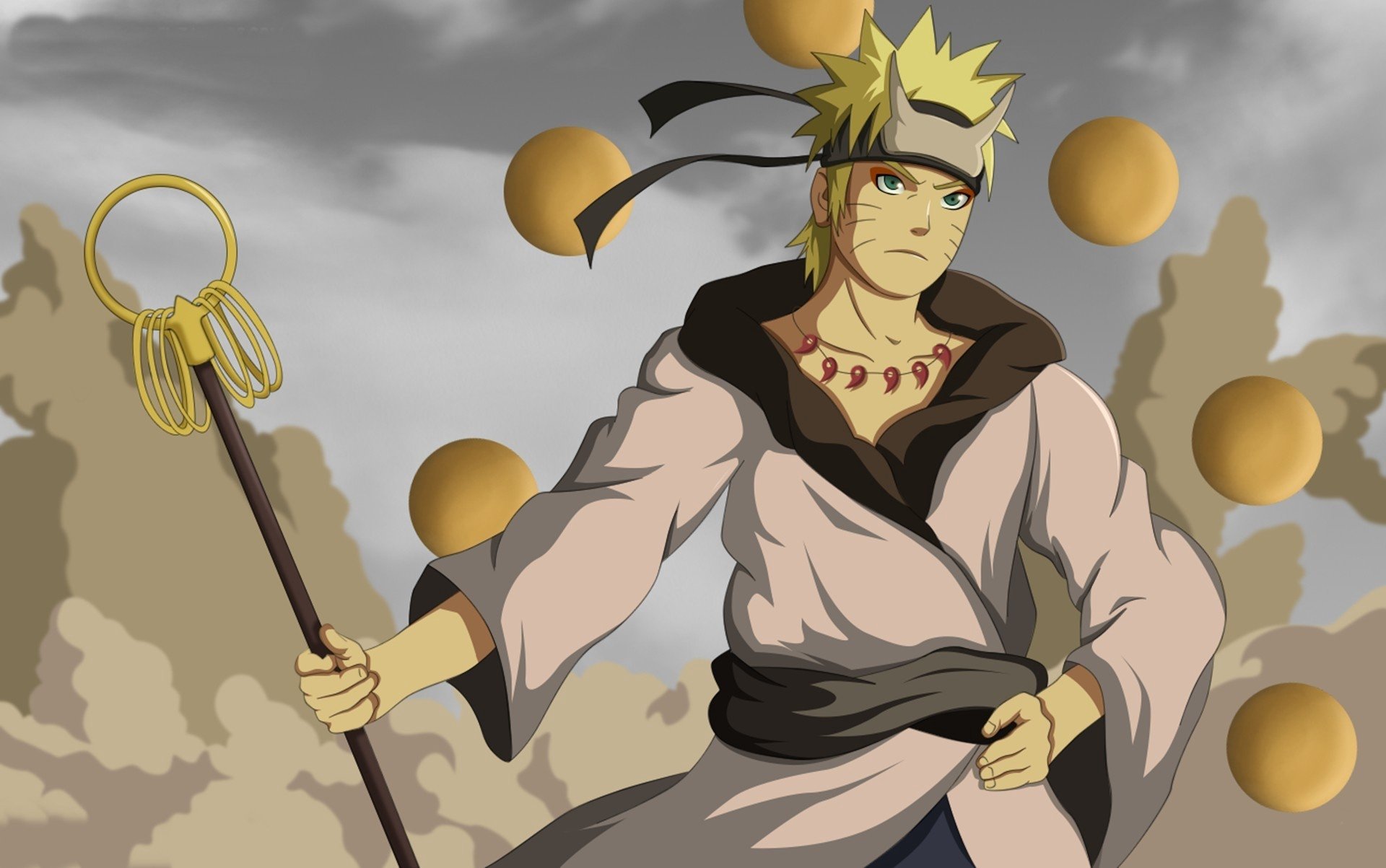 High-definition wallpaper featuring Naruto Uzumaki, the Hokage from the anime Naruto, depicted in a dynamic pose with a staff and orbs in a dramatic background.