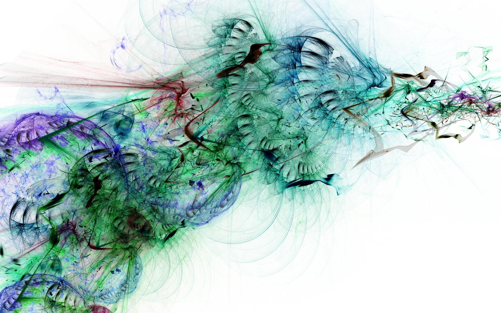 Abstract CGI wallpaper featuring intricate textures and vibrant colors. Swirling patterns in shades of green, blue, and purple create a dynamic visual experience on a white background.