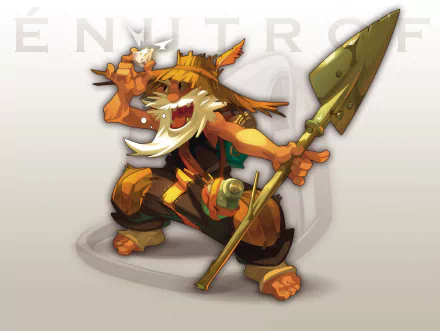 HD PC desktop wallpaper of Ruel Stroud from Wakfu: grinning, tusked, boar-like elder wielding a spear and satchel in a lively anime-style pose on a pale background.