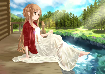 A serene HD wallpaper featuring Asuna Yuuki from Sword Art Online, seated by a tranquil river, surrounded by lush greenery and a sunny landscape.