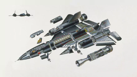 Detailed HD desktop wallpaper of a disassembled Lockheed SR-71 Blackbird military aircraft showcasing its internal components and sleek design.