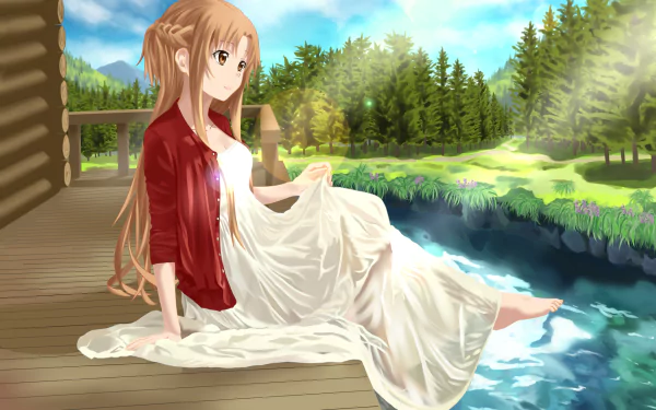 A serene HD wallpaper featuring Asuna Yuuki from Sword Art Online, seated by a tranquil river, surrounded by lush greenery and a sunny landscape.