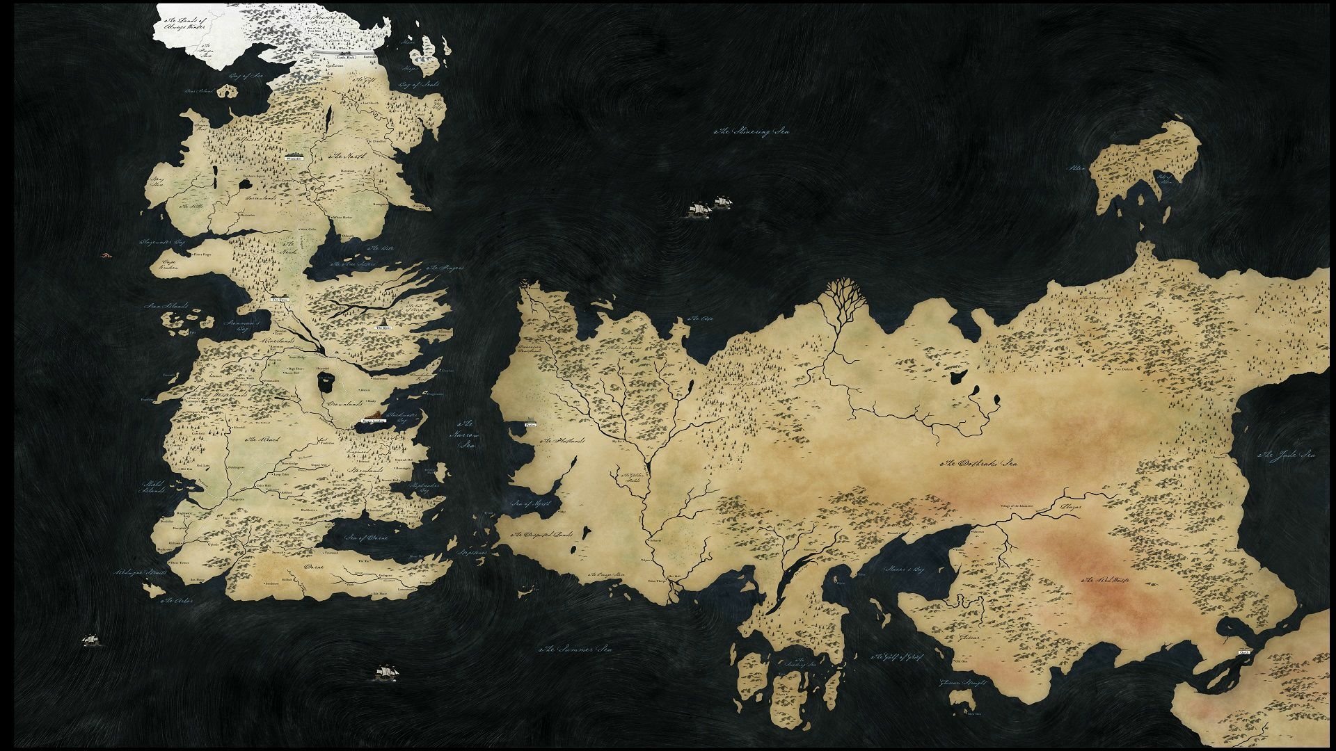A detailed map of the world from the TV show Game of Thrones, showcasing its various regions and landscapes, designed as a stunning HD desktop wallpaper.