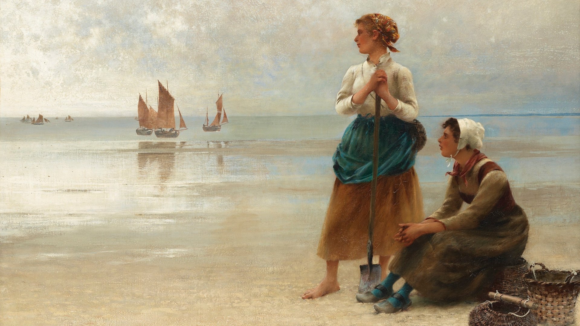 Artistic painting of two women by the shore watching sailboats, captured in a serene coastal scene for an HD PC desktop wallpaper and background.