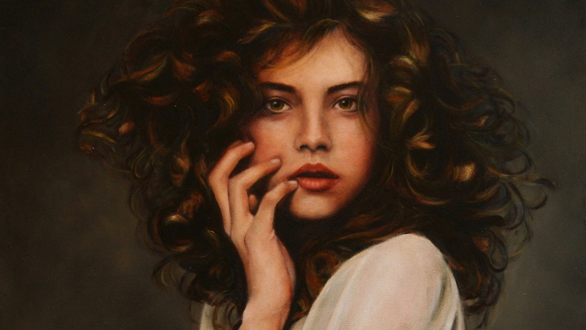 Artistic painted portrait of a curly-haired woman in moody tones, rendered as a 2K Quad HD PC desktop wallpaper/background.