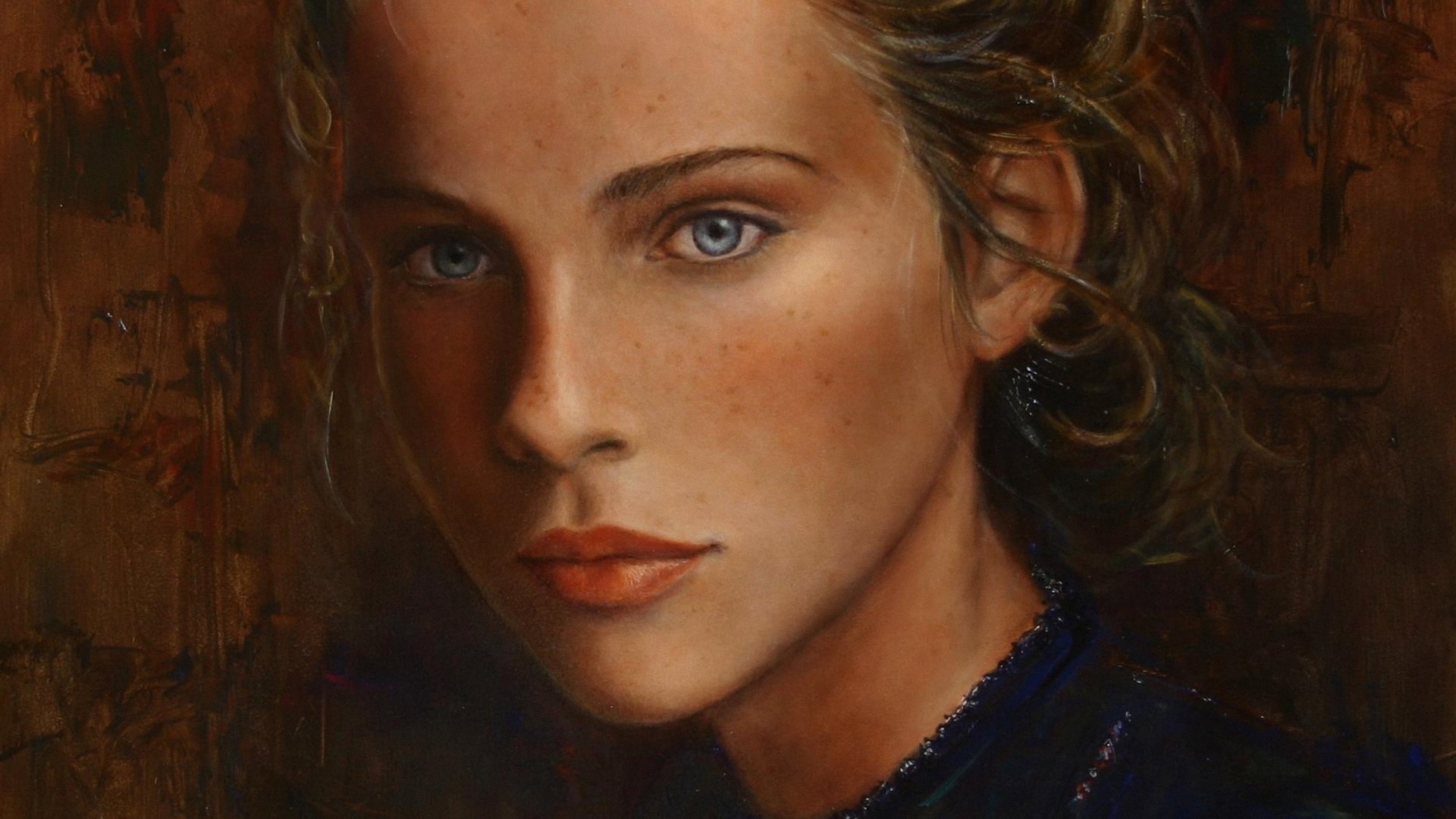 Artistic portrait painting of a woman with striking blue eyes and subtle freckles, rendered in rich tones, designed as an HD PC desktop wallpaper and background.