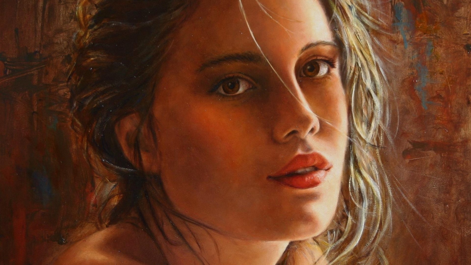 Artistic painting portrait of a woman with warm tones, rendered in high detail, designed as an HD PC desktop wallpaper and background.