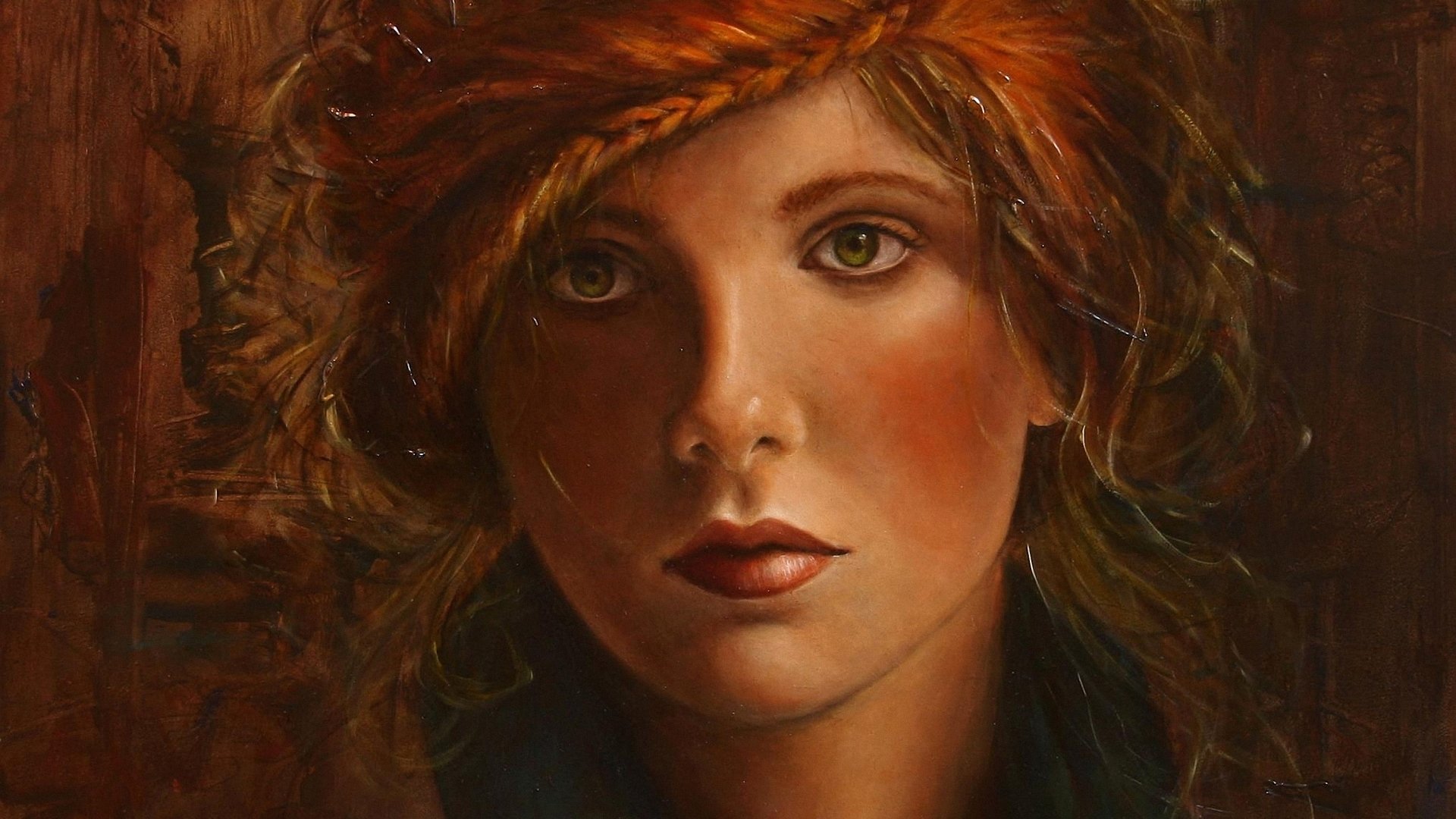Artistic painted portrait of a woman with warm tones, detailed brushwork, and a contemplative expression, designed as an HD PC desktop wallpaper and background.