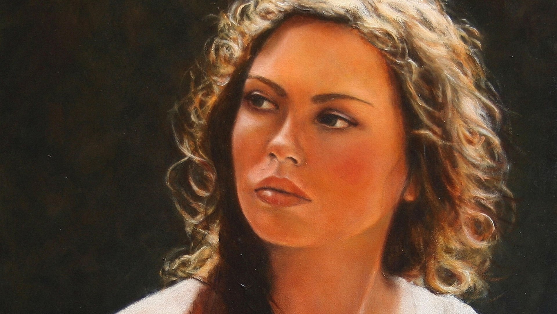 Artistic portrait painting of a thoughtful woman with curly hair, rendered in rich tones, designed as an HD PC desktop wallpaper and background.