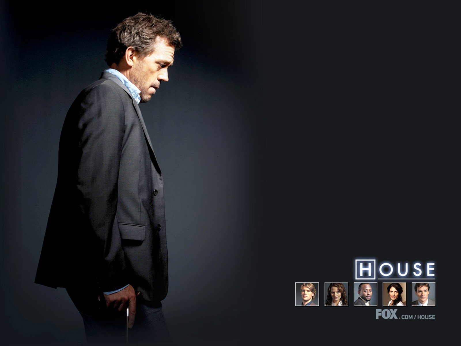 HD desktop wallpaper featuring Hugh Laurie as Gregory House from the TV show House, shown in profile against a dark background with the show's logo and cast thumbnails.