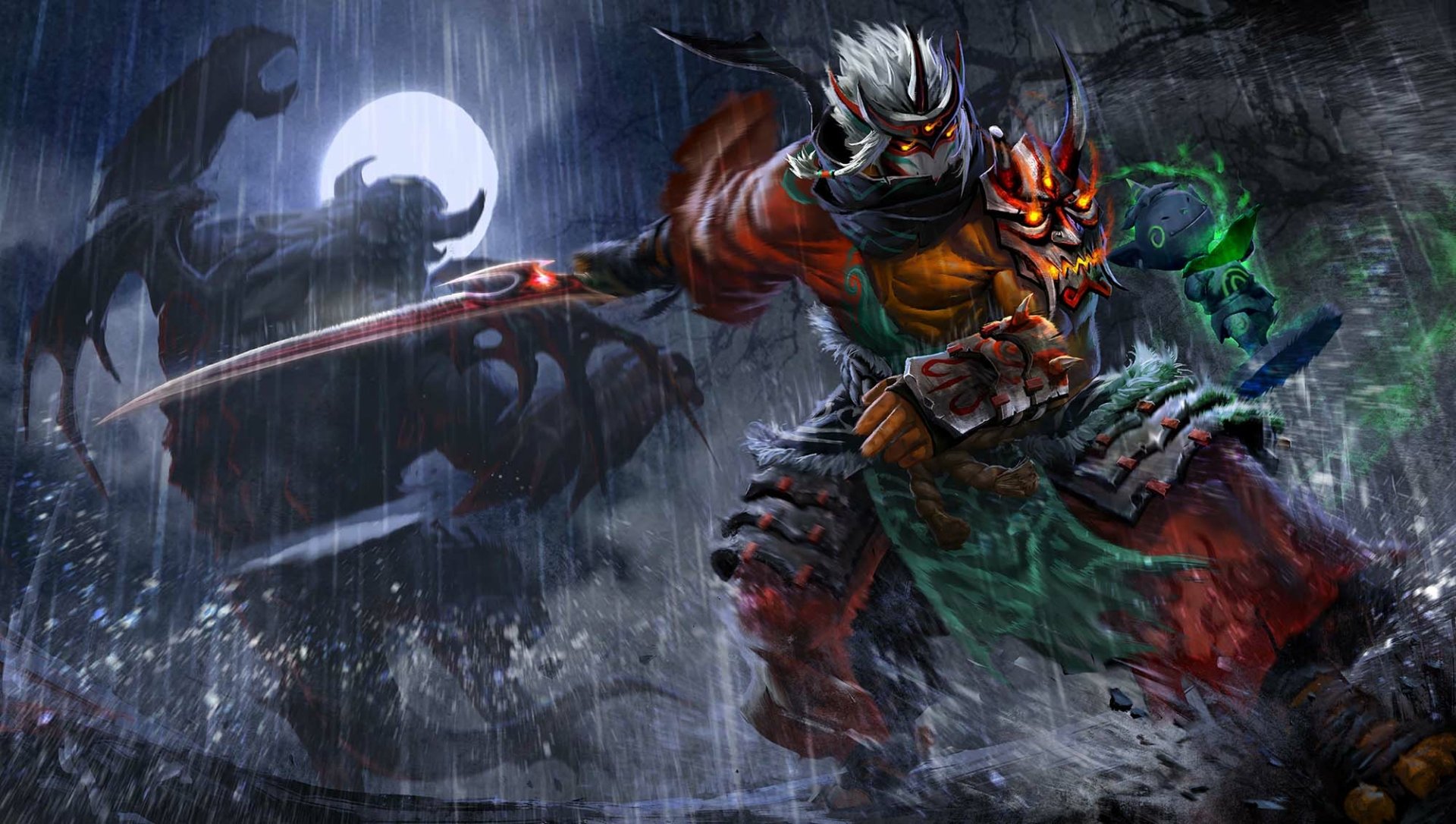 A dynamic HD wallpaper featuring characters from the video game DotA 2, set against a dramatic backdrop of rain and a full moon, showcasing an intense battle scene.