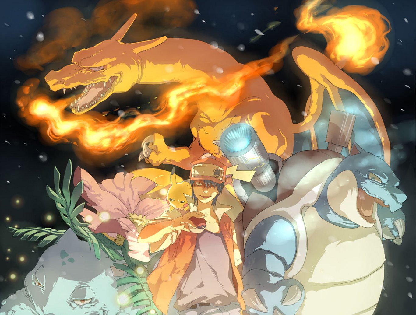 A vibrant HD anime wallpaper featuring iconic Pokémon characters, including Charizard, Blastoise, and a trainer, surrounded by dynamic elements and a captivating background.