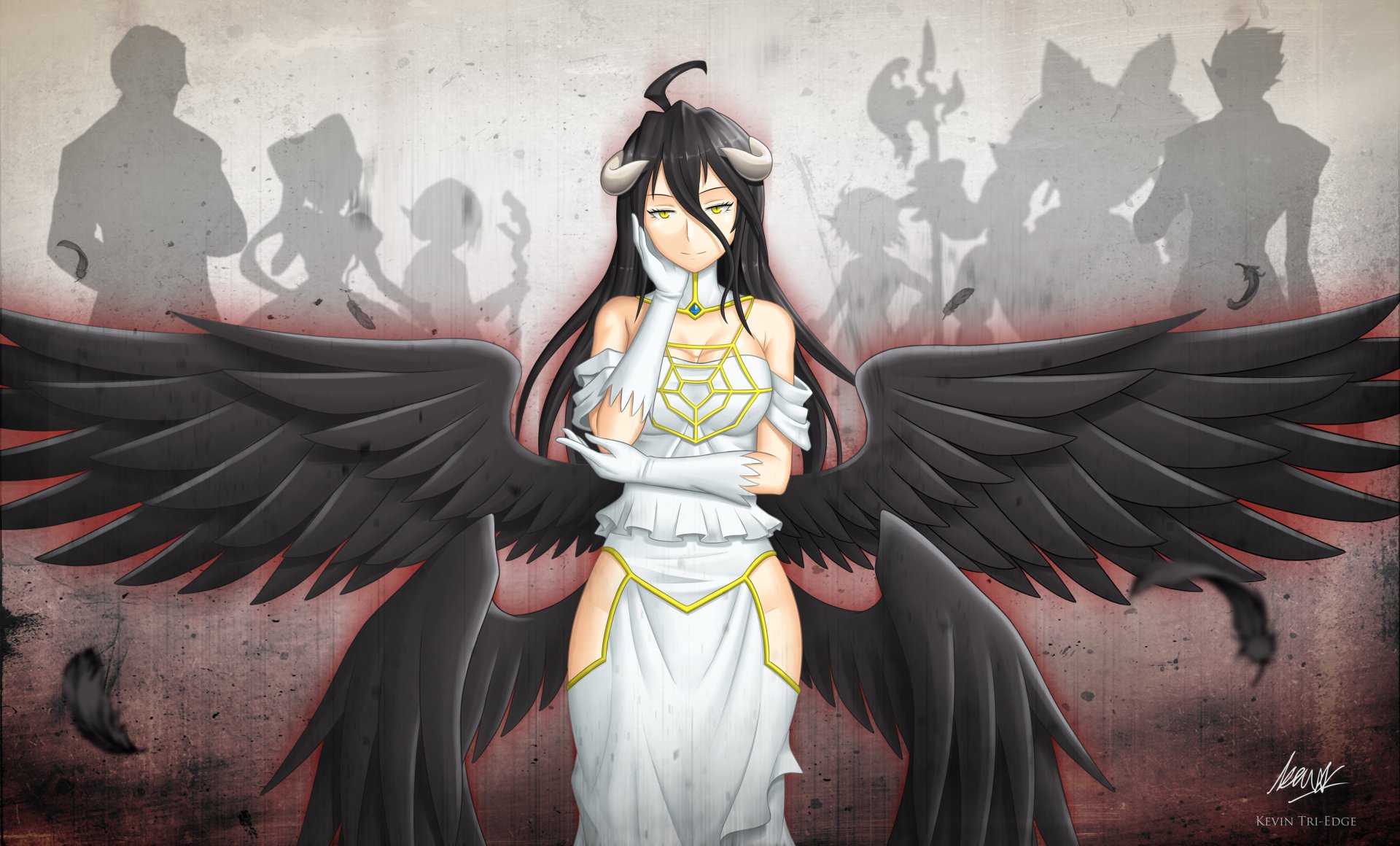 HD desktop wallpaper featuring characters from Overlord: Albedo, Sebas Tian, Shalltear Bloodfallen, Aura Bella Fiora, Mare Bello Fiore, Cocytus, and Demiurge against a dramatic background.