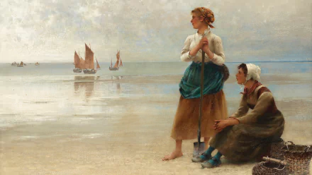 Artistic painting of two women by the shore watching sailboats, captured in a serene coastal scene for an HD PC desktop wallpaper and background.