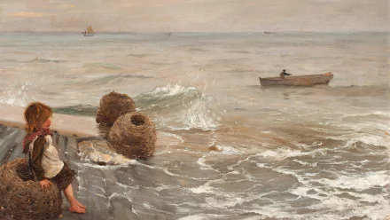 Artistic painting HD PC desktop wallpaper: a child sits on a rocky shore beside wicker pots as waves lap and a lone rowboat drifts on the calm sea.