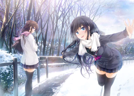 A vibrant anime-themed HD desktop wallpaper featuring two characters in winter attire, surrounded by a snowy landscape and bare trees, capturing a serene yet lively atmosphere.