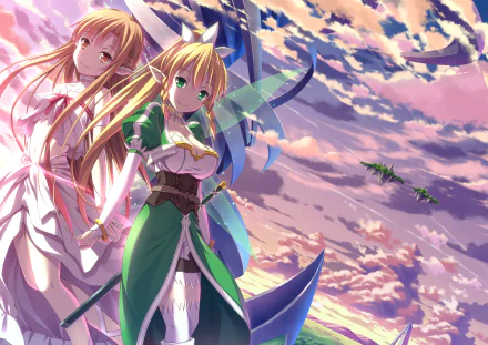 HD wallpaper featuring Leafa and Asuna Yuuki from Sword Art Online against a vibrant sky backdrop, showcasing their striking anime aesthetics and character designs.