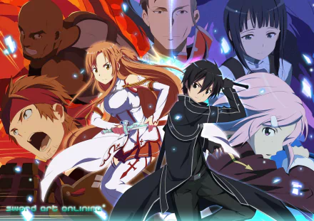 HD desktop wallpaper featuring characters from Sword Art Online, including Kirito, Asuna Yuuki, Suguha Kirigaya, Heathcliff, Lisbeth, Agil, and Klein in vibrant anime art style.