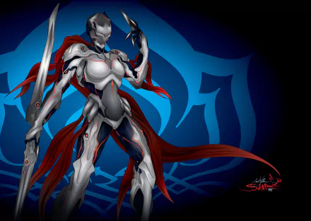 HD PC desktop wallpaper featuring Lotus from Warframe wielding a sleek weapon, set against a dynamic blue background with Warframe design elements.