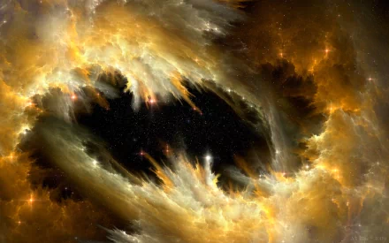 HD desktop wallpaper showcasing a stunning sci-fi nebula with vibrant golden and white clouds surrounding a dark, star-filled void.