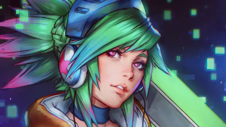 HD desktop wallpaper featuring Riven from League of Legends with green and two-toned hair, pink eyes, wearing a collar and headphones. A detailed, vibrant video game scene background.