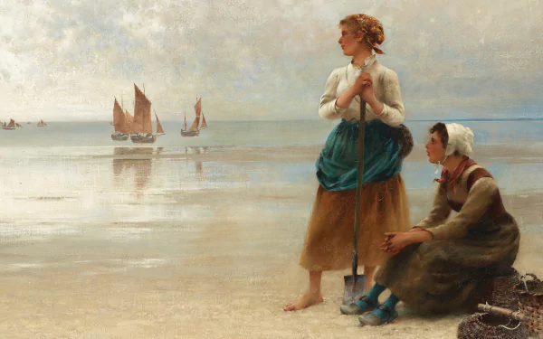 Artistic painting of two women by the shore watching sailboats, captured in a serene coastal scene for an HD PC desktop wallpaper and background.