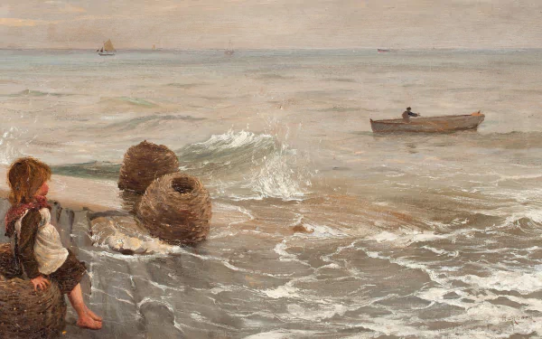Artistic painting HD PC desktop wallpaper: a child sits on a rocky shore beside wicker pots as waves lap and a lone rowboat drifts on the calm sea.