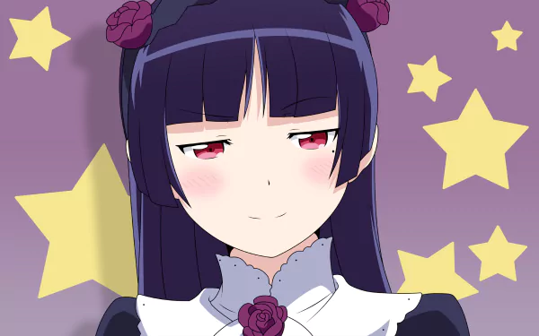 Anime character Ruri Gokō (Kuroneko) from Oreimo: close-up in gothic-lolita outfit with rose headpieces, subtle smile and blush against a purple starry backdrop — 2K Quad HD PC desktop wallpaper