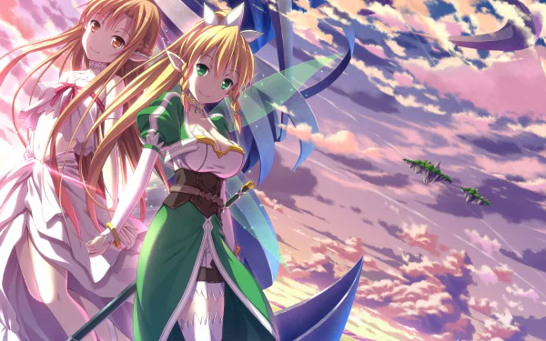 HD wallpaper featuring Leafa and Asuna Yuuki from Sword Art Online against a vibrant sky backdrop, showcasing their striking anime aesthetics and character designs.