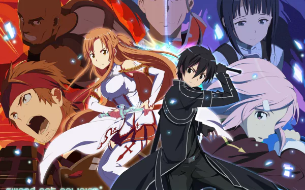 HD desktop wallpaper featuring characters from Sword Art Online, including Kirito, Asuna Yuuki, Suguha Kirigaya, Heathcliff, Lisbeth, Agil, and Klein in vibrant anime art style.