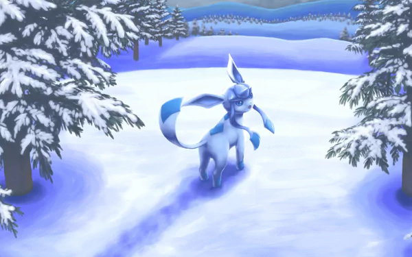 A high-definition desktop wallpaper featuring Glaceon, an Eeveelution from Pokémon, standing gracefully in a snow-covered forest with ice-capped trees against a serene winter landscape.