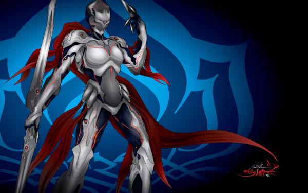 HD PC desktop wallpaper featuring Lotus from Warframe wielding a sleek weapon, set against a dynamic blue background with Warframe design elements.