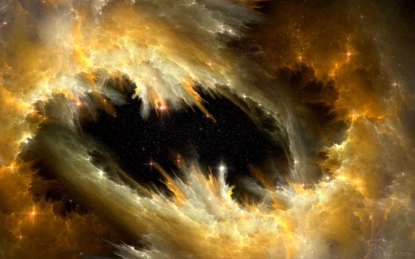 HD desktop wallpaper showcasing a stunning sci-fi nebula with vibrant golden and white clouds surrounding a dark, star-filled void.