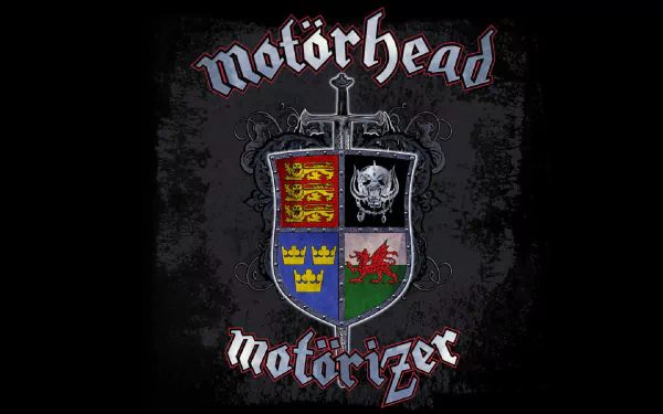 HD PC desktop wallpaper featuring Motörhead's Motorizer album crest with a dark, textured background and bold band logo, blending music and graphic design.