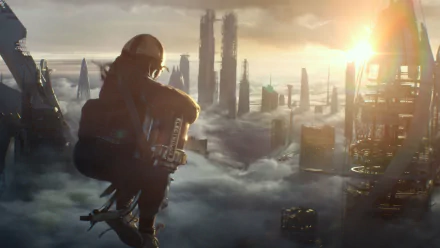 4K Ultra HD PC desktop background from the movie Tomorrowland: lone figure with jetpack overlooks a futuristic city rising above clouds at sunrise.