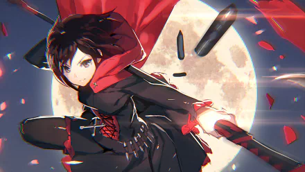 Dynamic HD wallpaper of Ruby Rose from RWBY, showcasing her in action with her iconic red cape against a dramatic moonlit background. A vibrant anime aesthetic captures her fierce spirit.