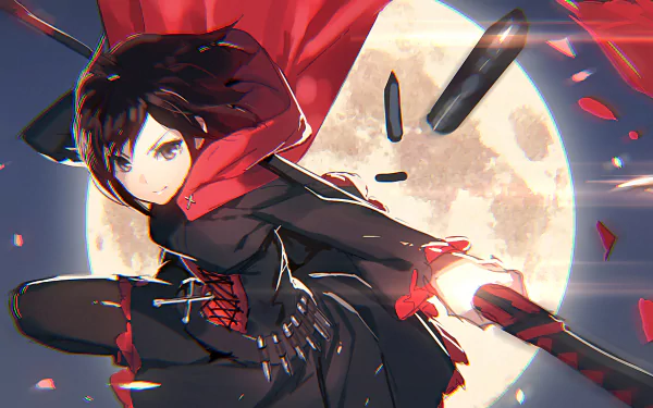 Dynamic HD wallpaper of Ruby Rose from RWBY, showcasing her in action with her iconic red cape against a dramatic moonlit background. A vibrant anime aesthetic captures her fierce spirit.
