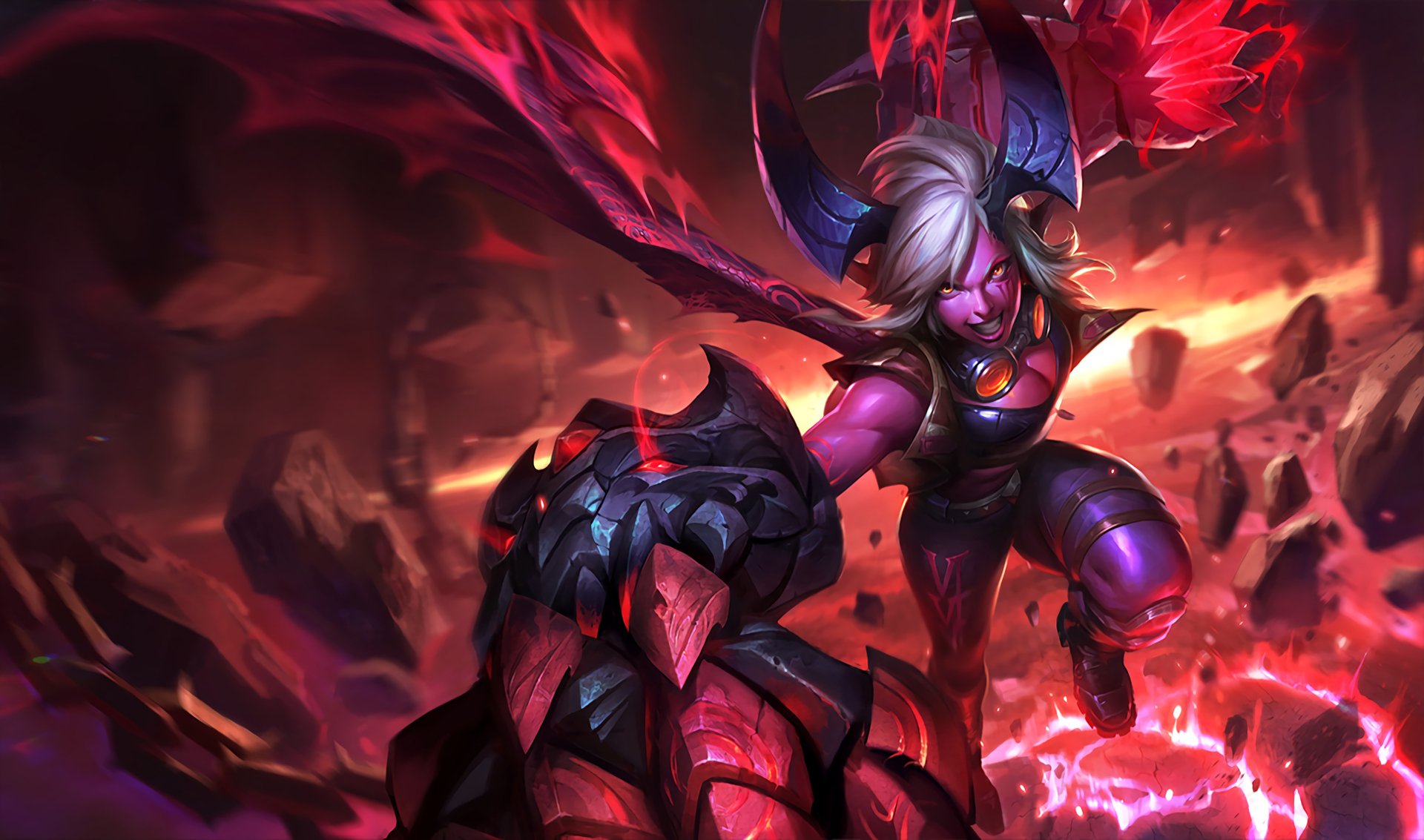 HD desktop wallpaper featuring VI from League of Legends in dynamic action pose, surrounded by fiery and volcanic elements, capturing the video game's intense atmosphere.