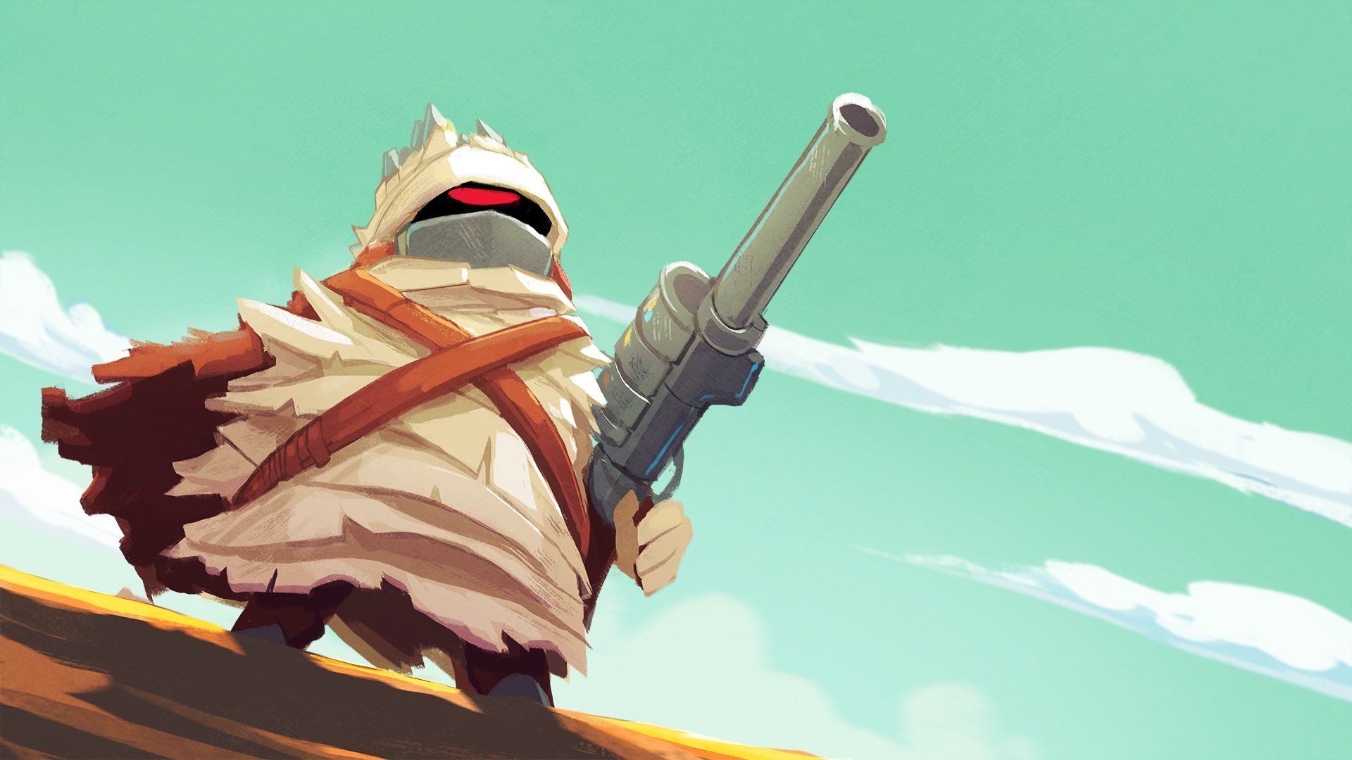 Video game Nuclear Throne HD PC desktop wallpaper: bandaged, cloaked mutant wielding a large gun while standing on a rocky ledge against a bright teal sky.
